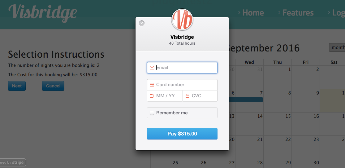 The fourth screen shot demonstrates a customizable payment collection screen that operates on the Stripe network.