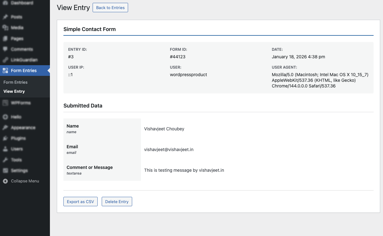 View Single Form Entry