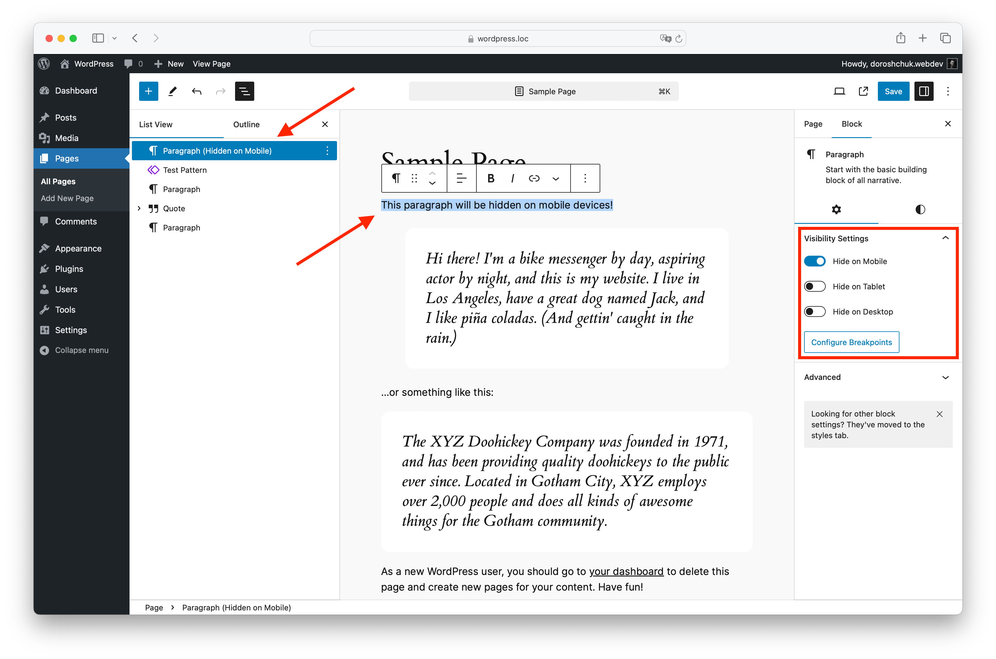 Block visibility options displayed in the Gutenberg editor.