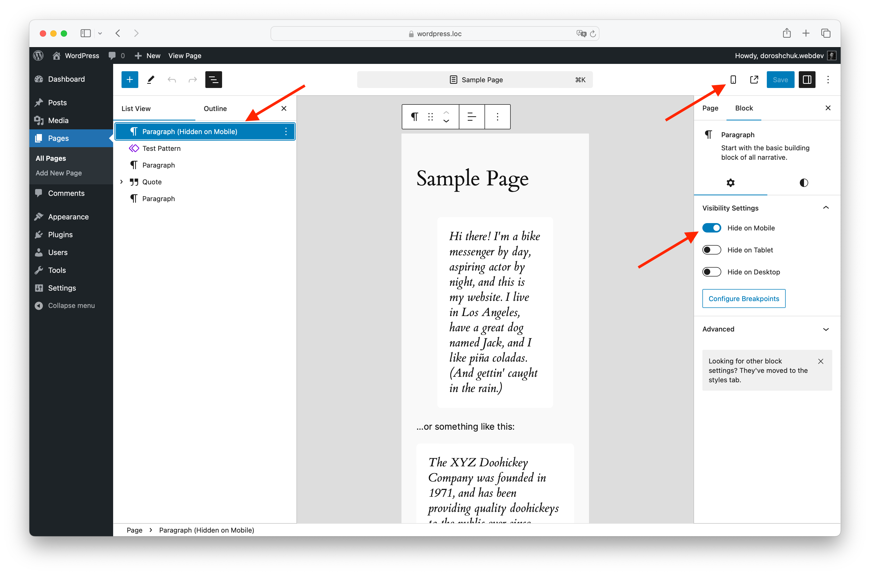 Block visibility settings shown in Gutenberg's preview mode.