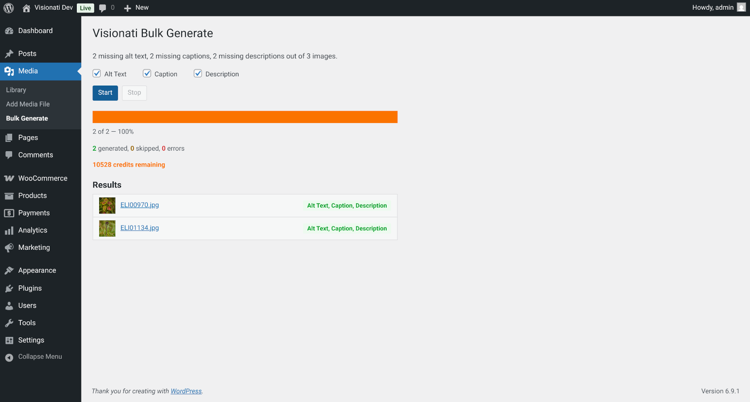 Bulk Generate page with progress bar and results log
