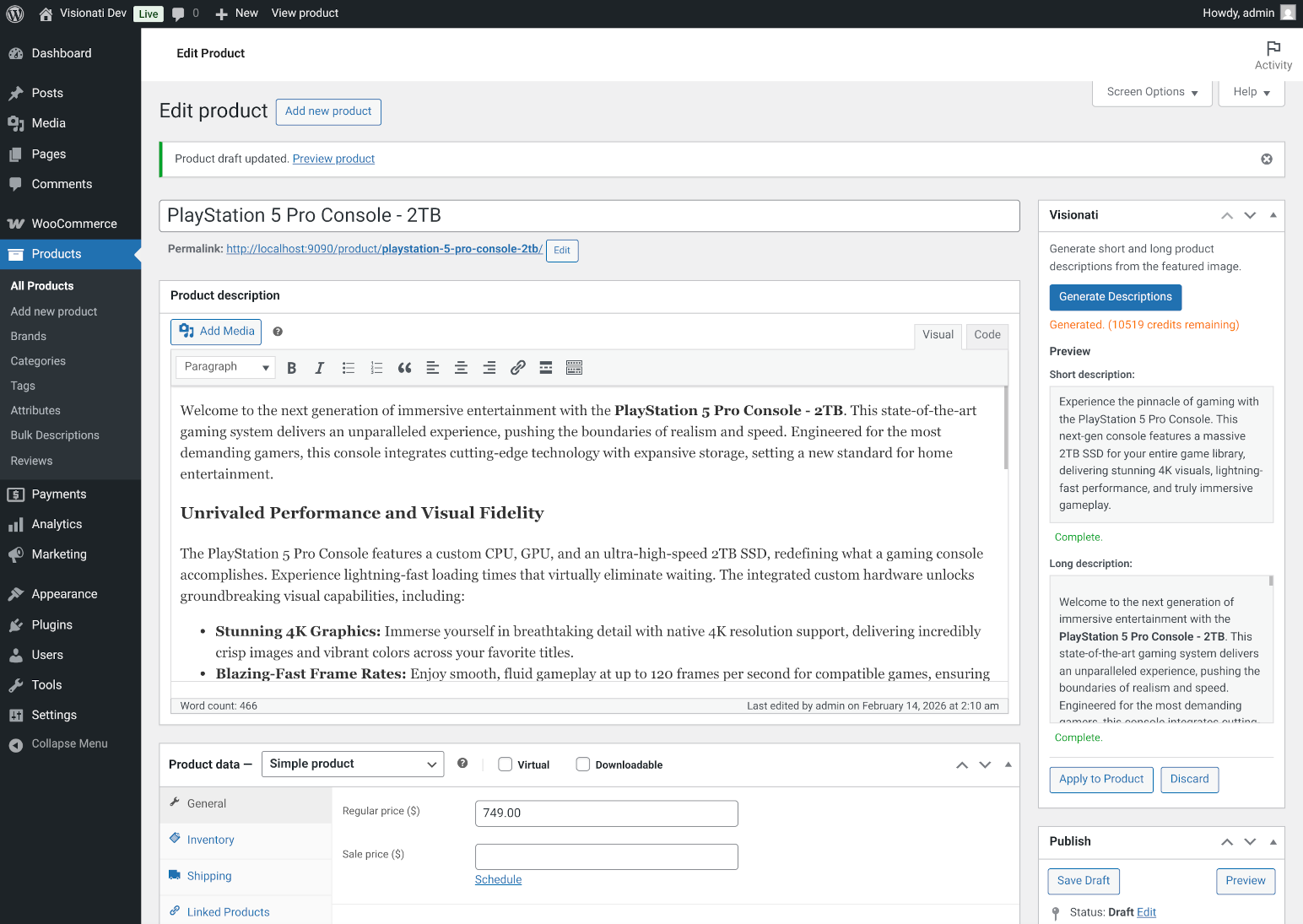 WooCommerce product edit screen with generated short and long descriptions