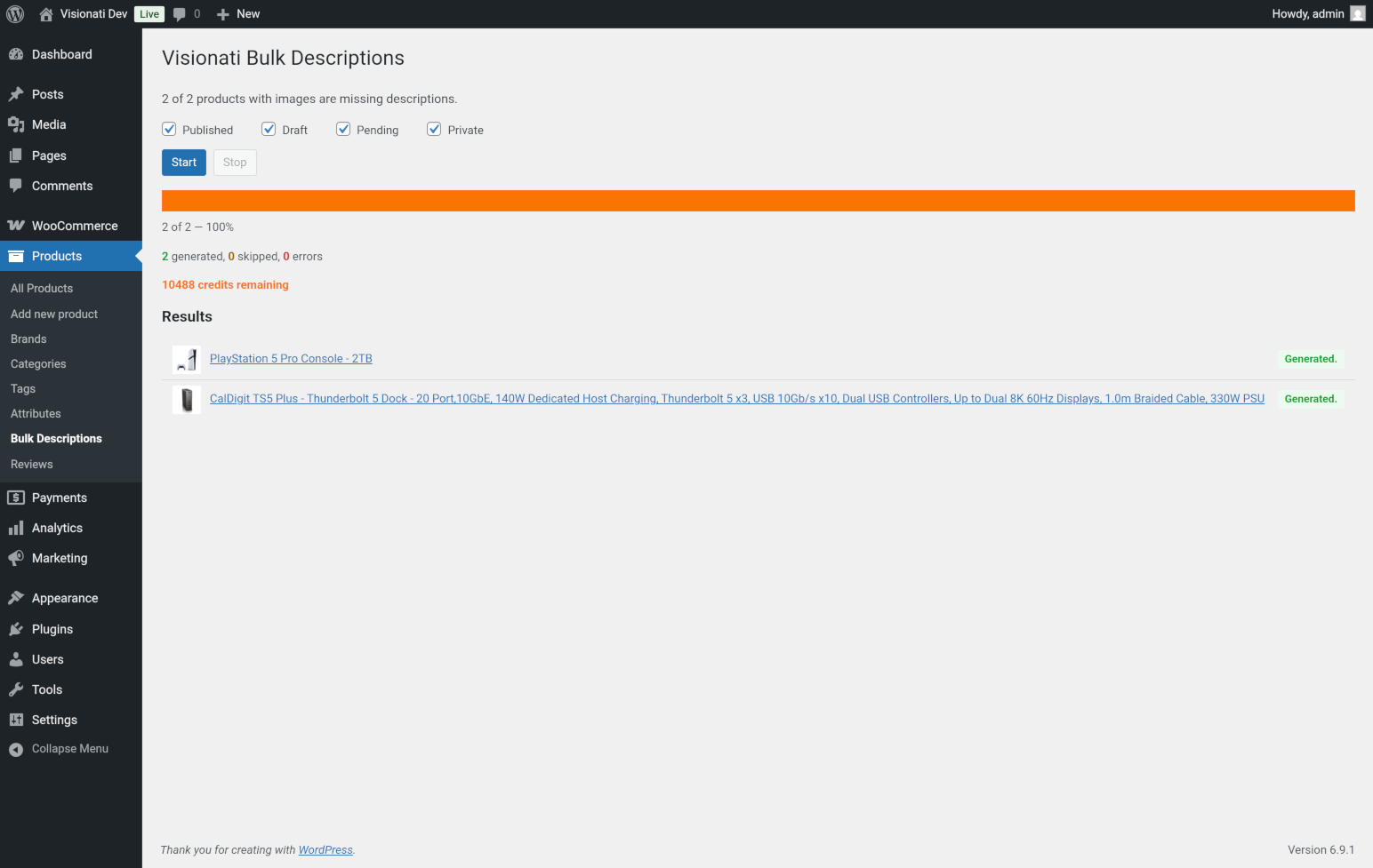WooCommerce Bulk Descriptions page with status filters and progress bar