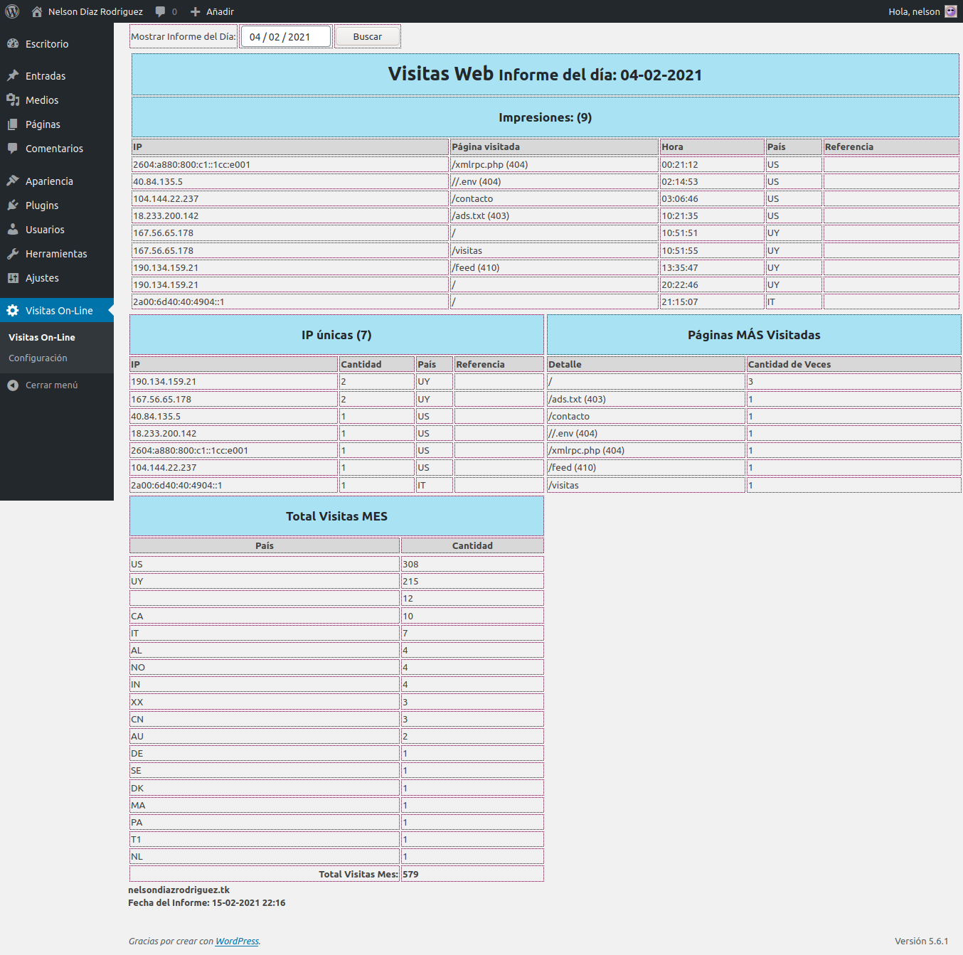 Screen where all the information -of the events- filtered by date is displayed.