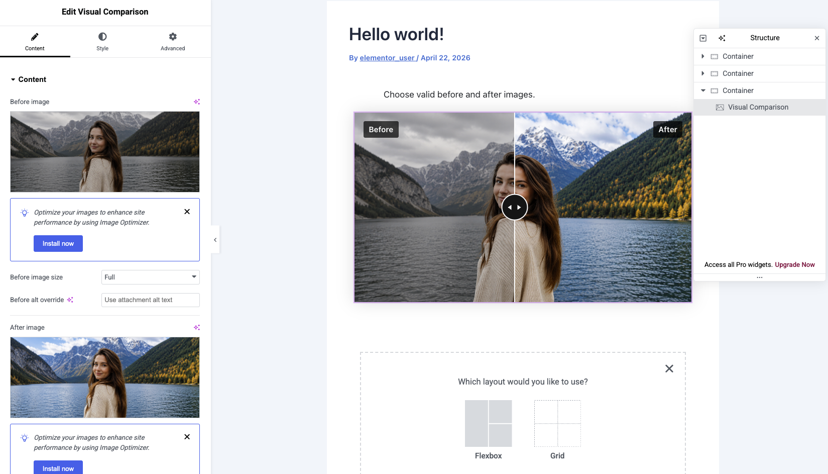 Elementor Visual Comparison widget with before and after image controls and live page preview.