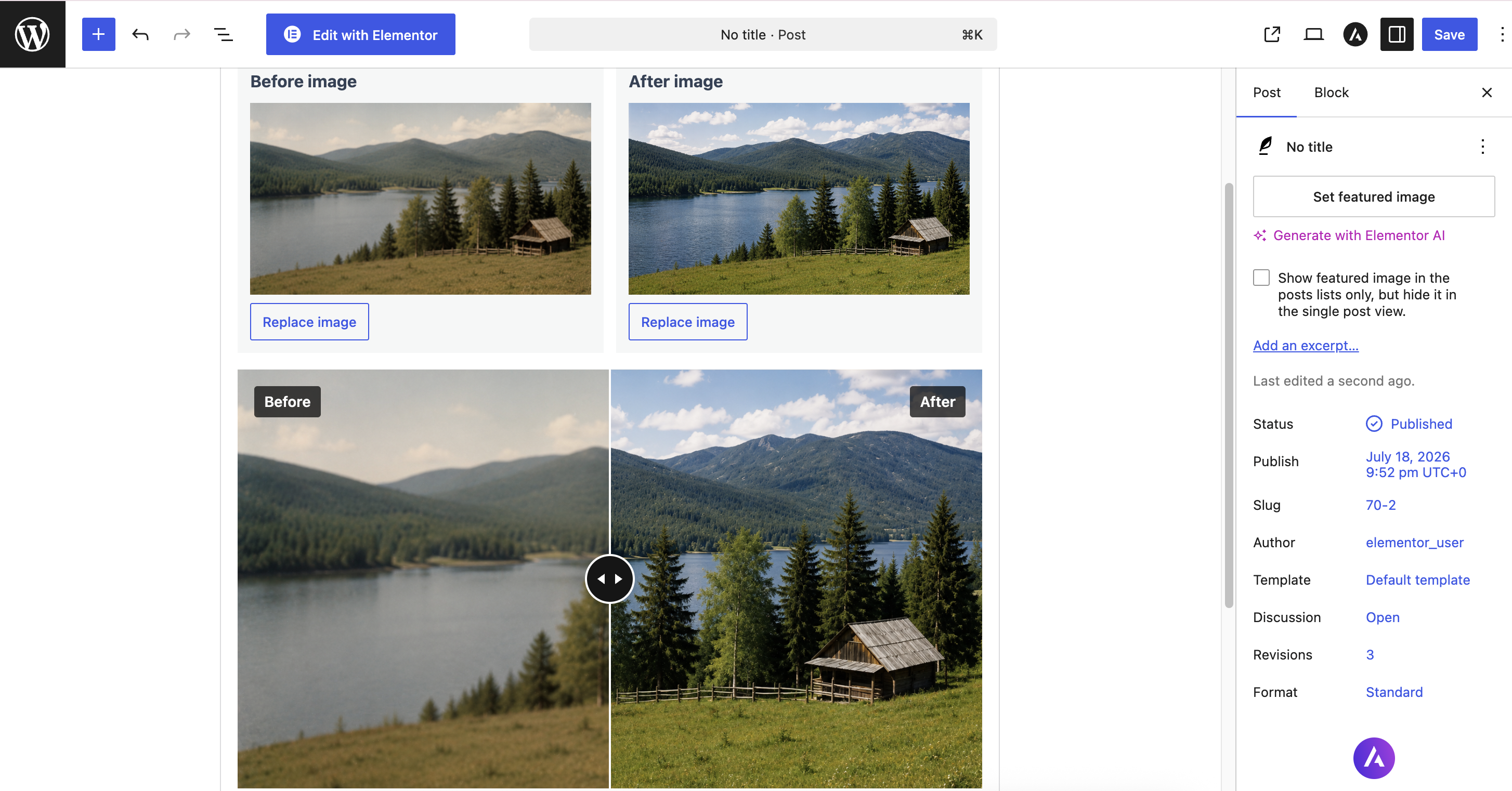 WordPress block editor Visual Comparison block with inline image mode and sidebar controls.
