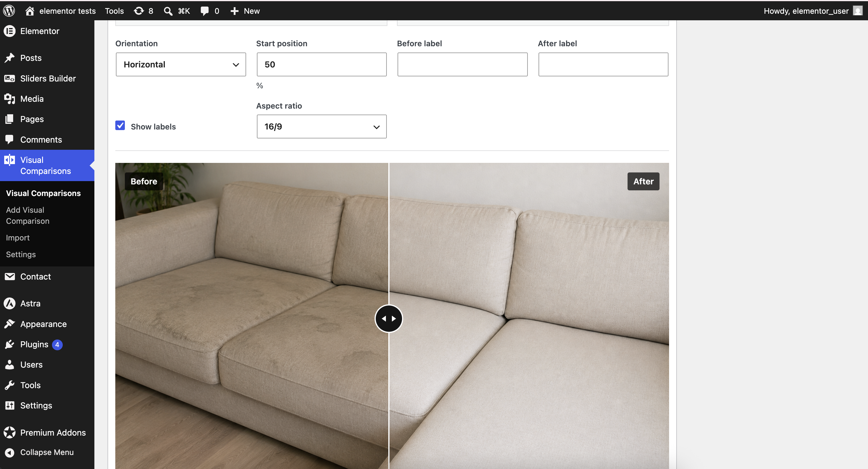 Reusable Visual Comparison editor with image controls, labels, orientation, start position, aspect ratio, and live preview.