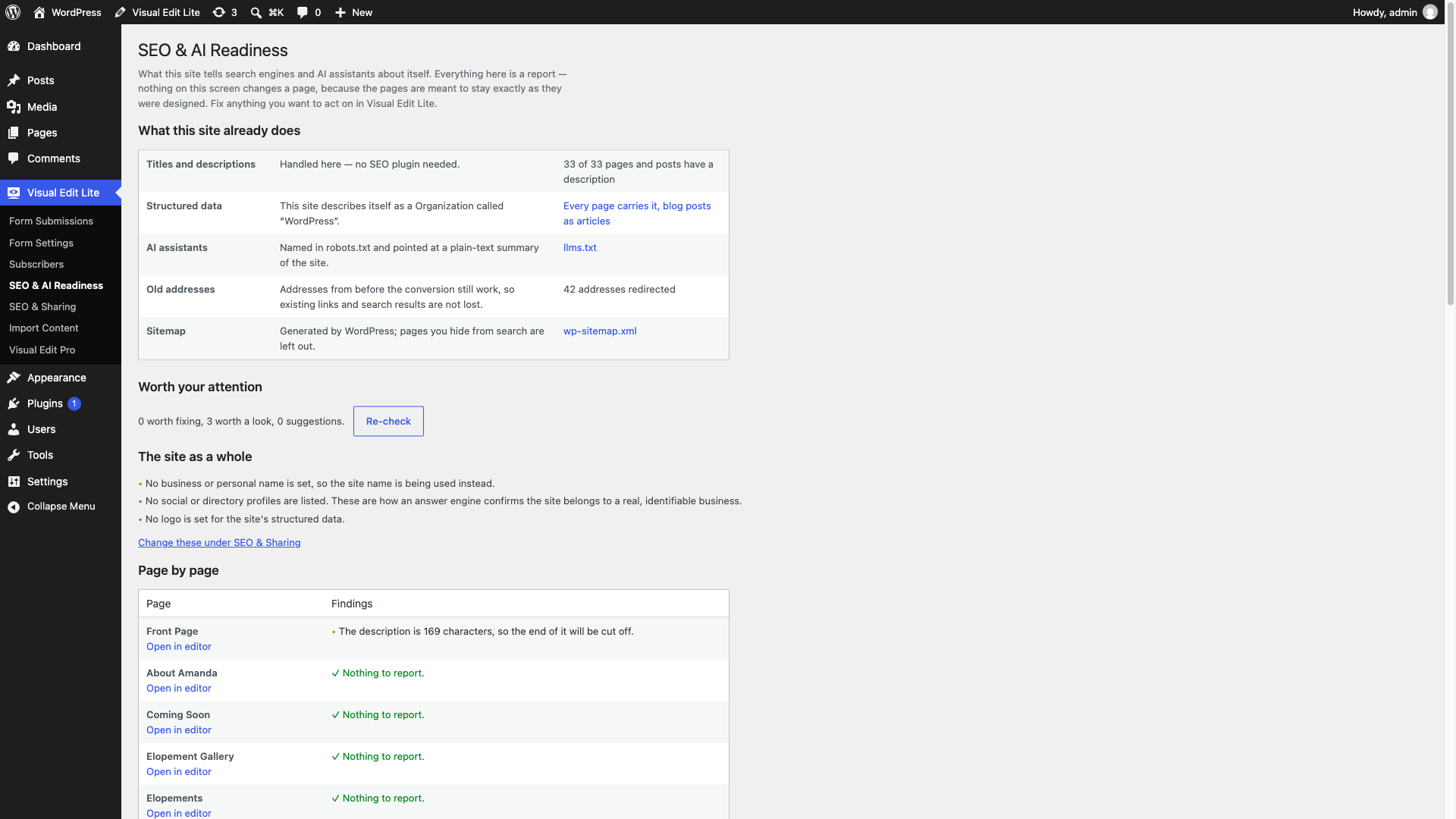 SEO & AI Readiness: a read-only report of what the site tells search engines and AI assistants, page by page, with llms.txt and structured data.