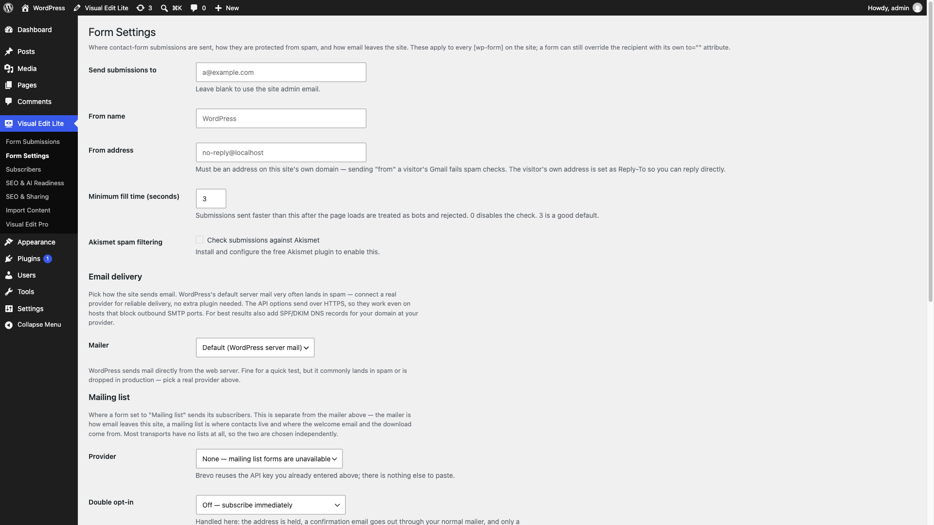 Form Settings: where submissions go, anti-spam, email delivery through your server, SMTP or a provider API, and the mailing list.