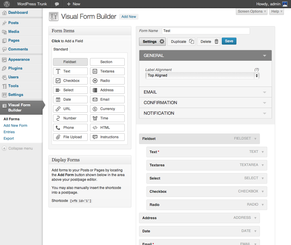 Visual Form Builder page