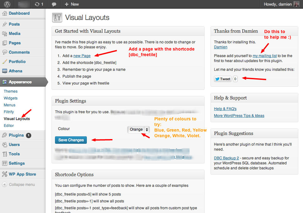 Freetile Settings Page -- not much too it really just some helpful tips to get you started