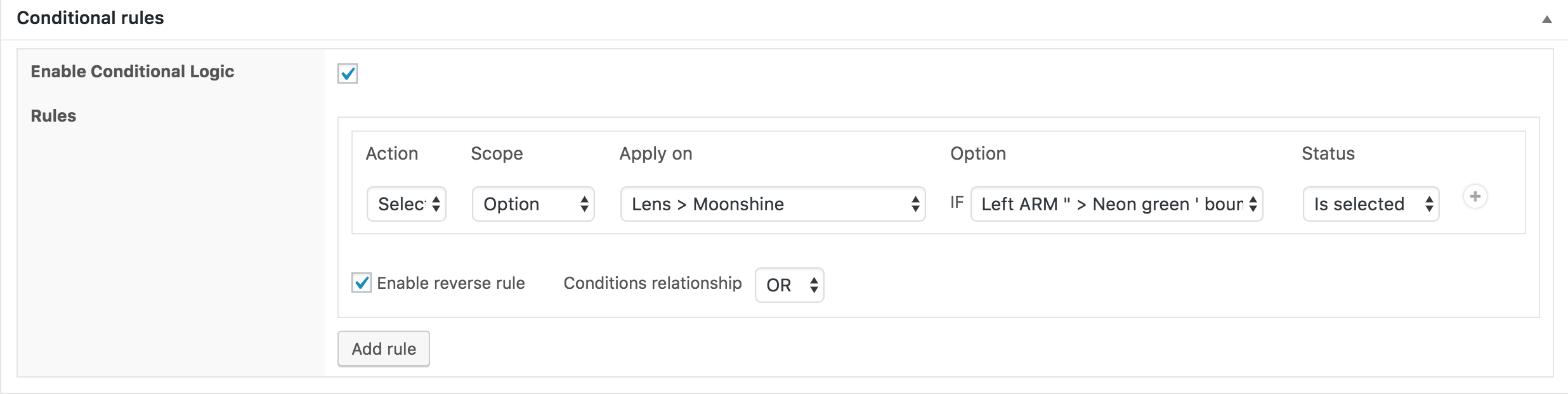 Conditional rules settings