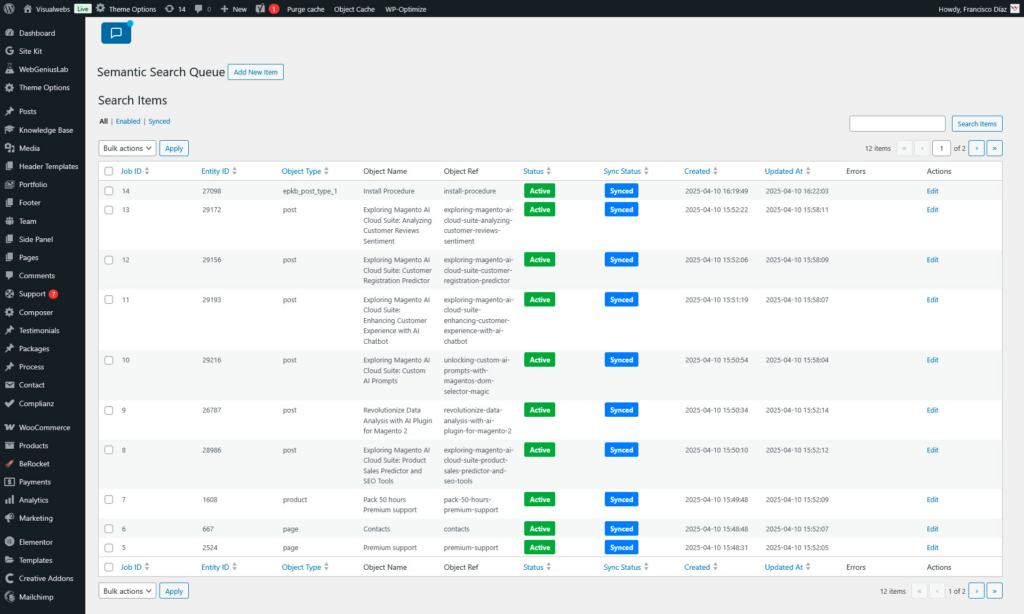 **Semantic Search Queue**: Manage search items in the admin panel.