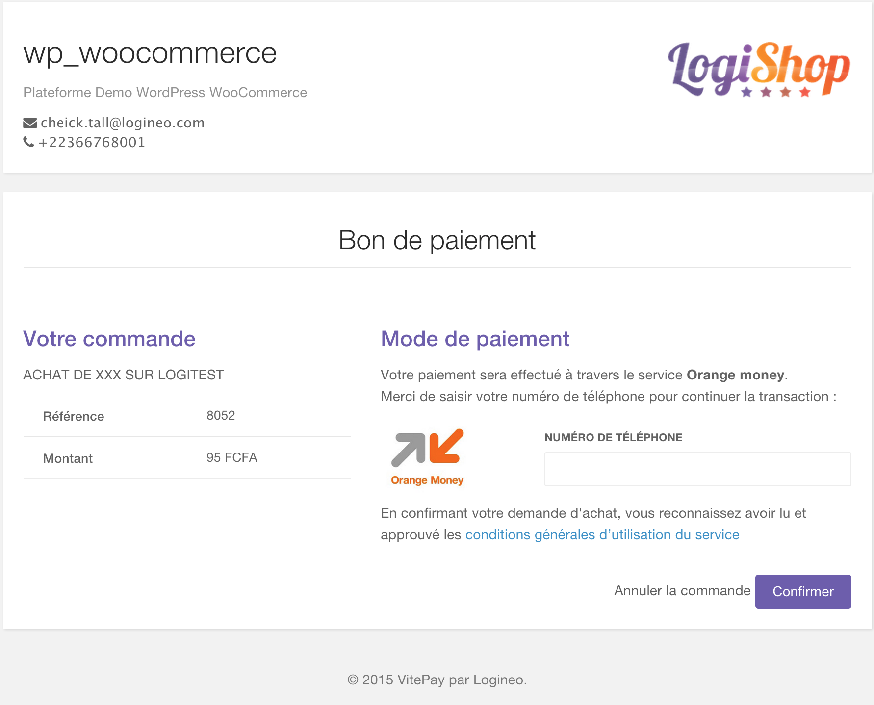 Exemple d’interface de paiement Vitepay