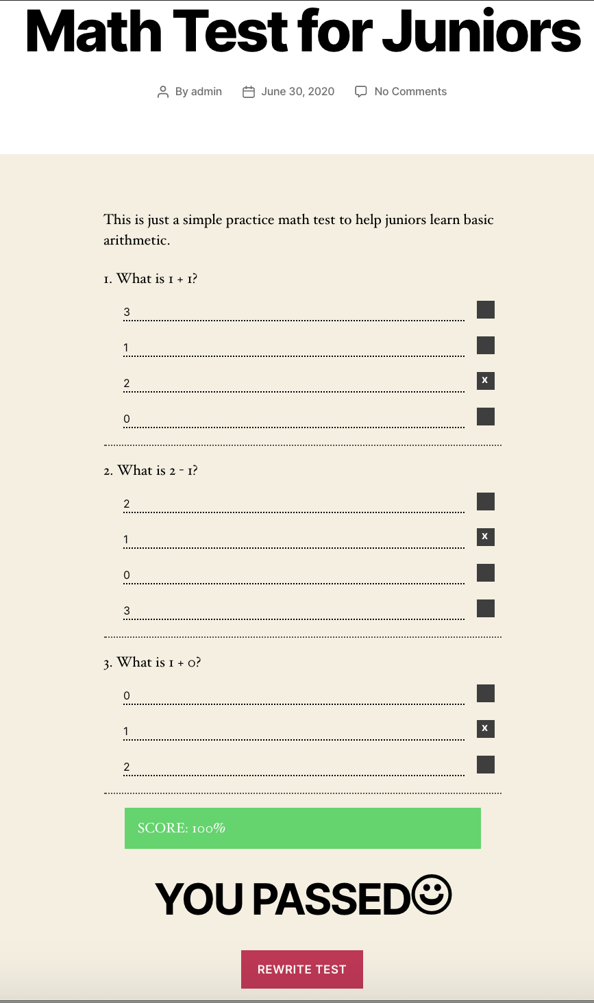 Test form and results if someone pass