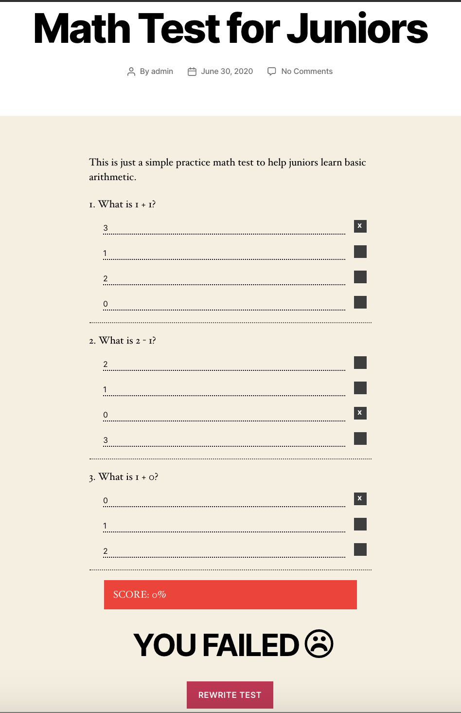 Test form and results if someone fail