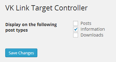 VK Link Target Controller settings page. Choose the post types where the plugin should be activated.