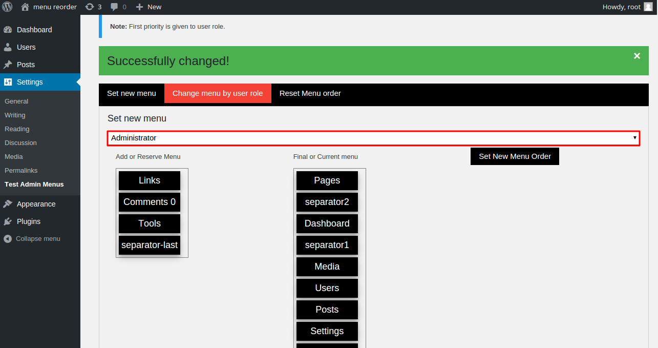 Set menu for user roles.
