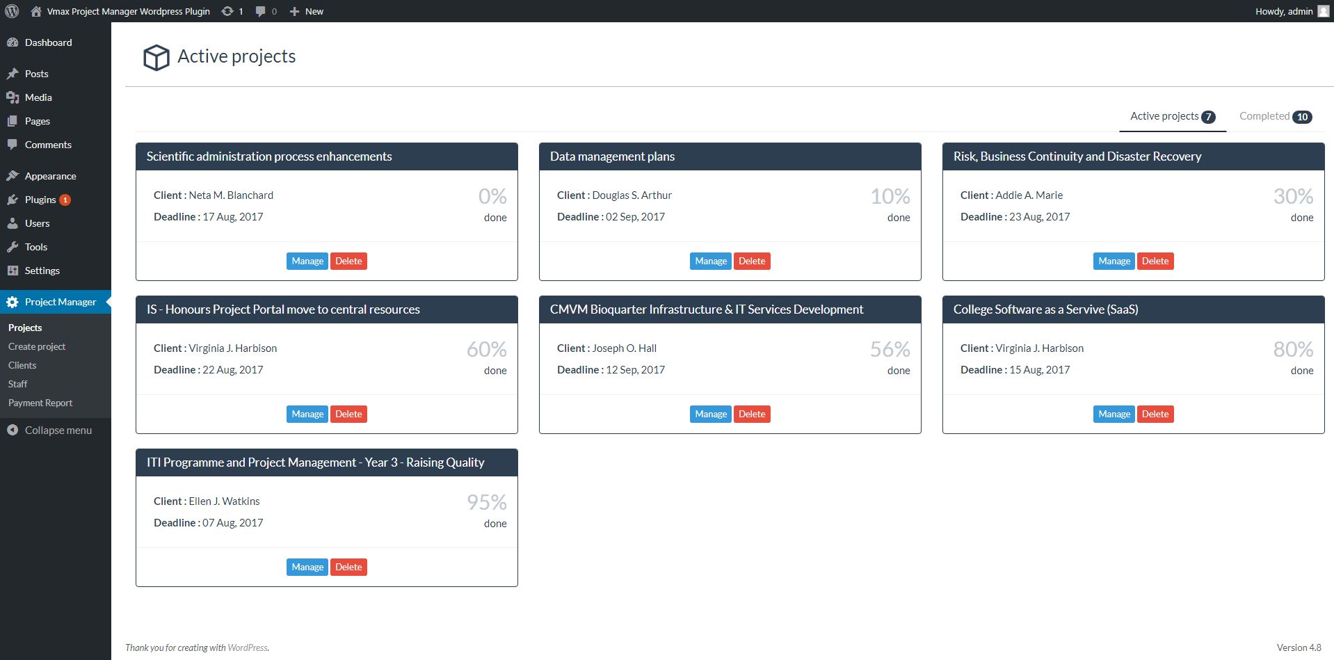 Active project list with all project summaries.