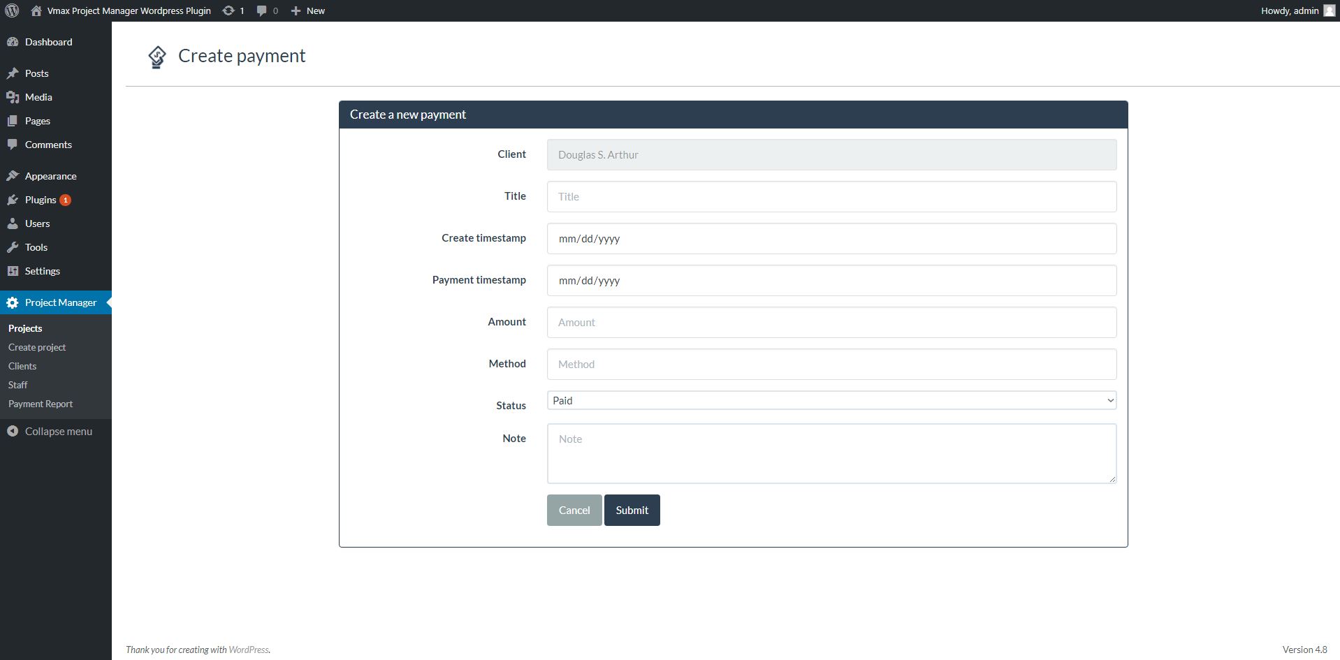 Project task create page.