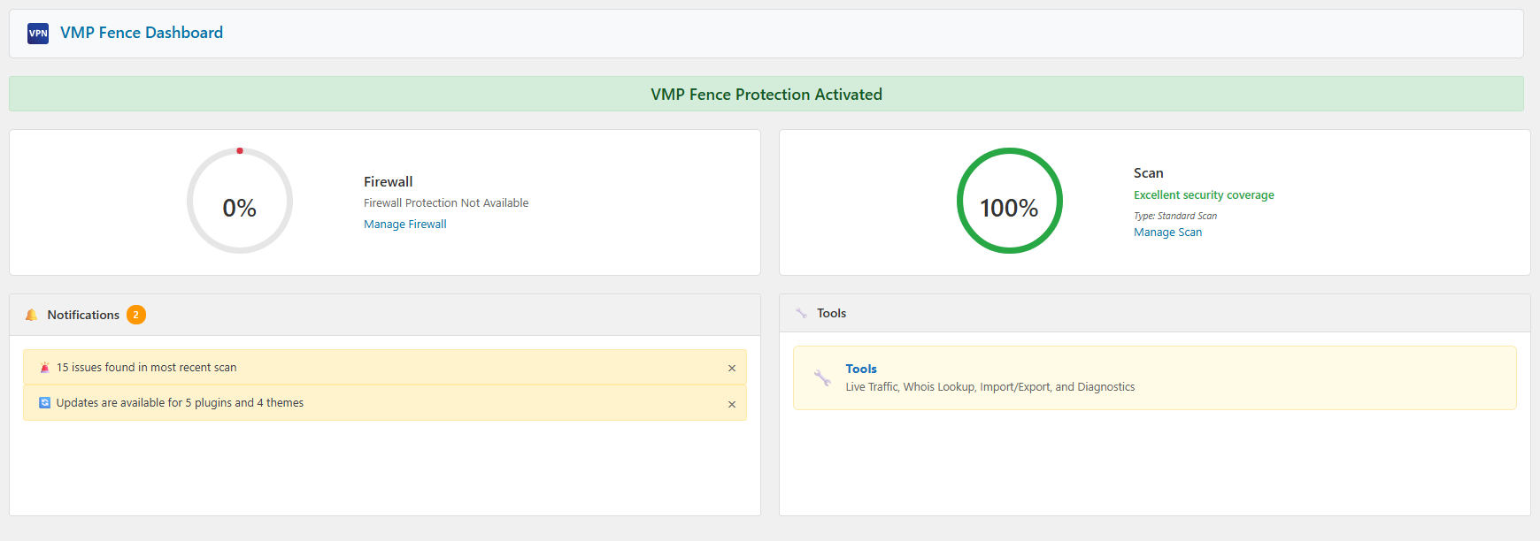 Security Dashboard with firewall status, scan status, and notifications overview