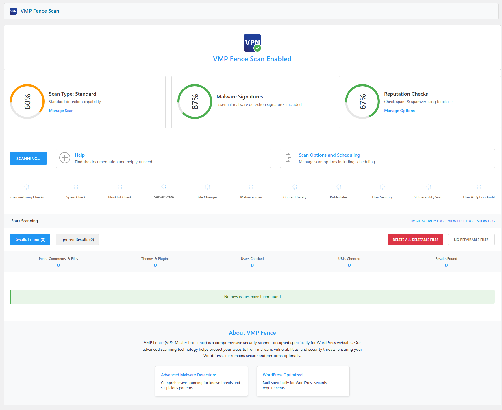 Comprehensive Scan Interface showing real-time scan progress and security statistics