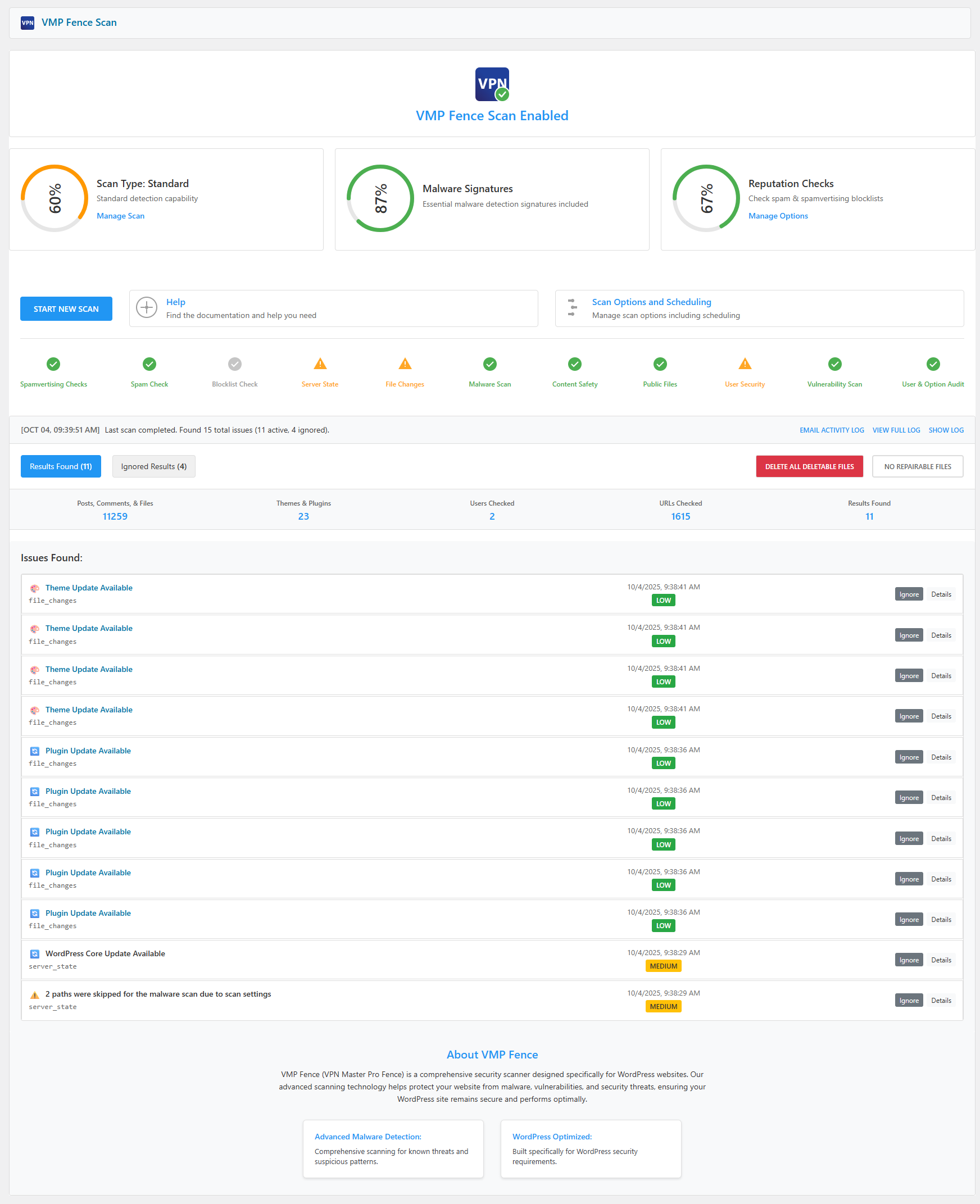 Comprehensive Scan Interface showing completed scan results with details and appropriate actions.