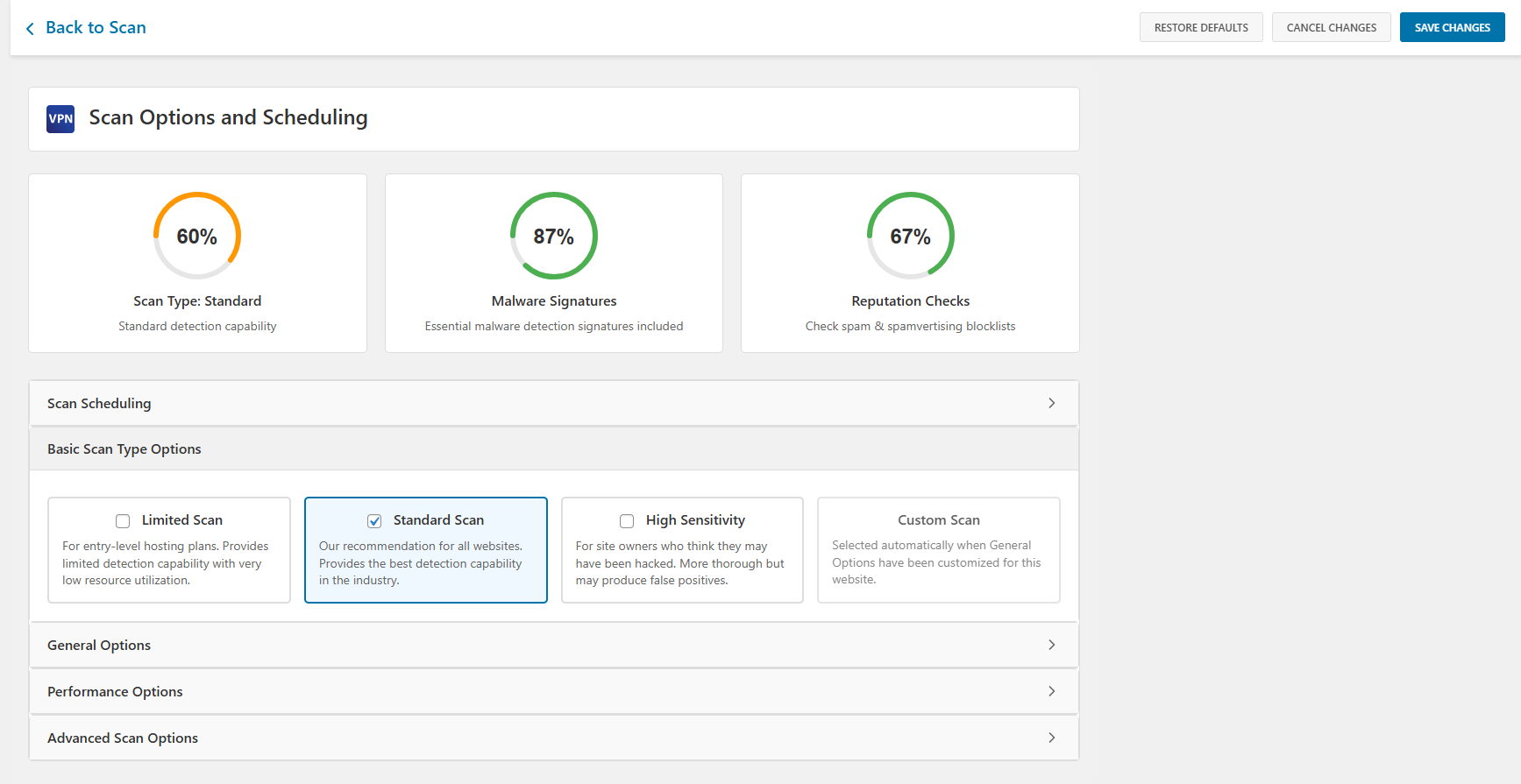 Scan options including  Scan Scheduling, Scan Type, General, Performance, Advanced scan options.