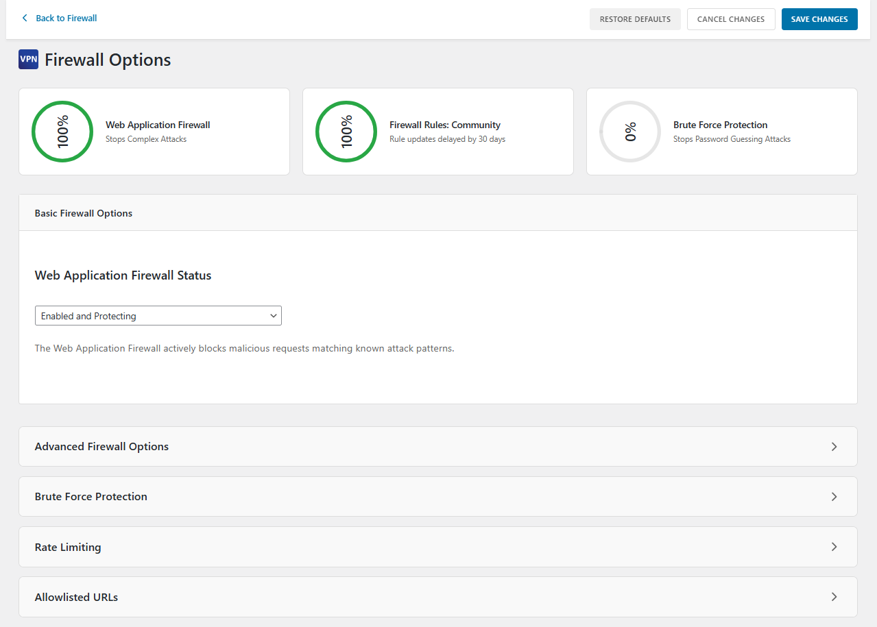 Firewall Options page with comprehensive WAF, brute force, and rate limiting settings