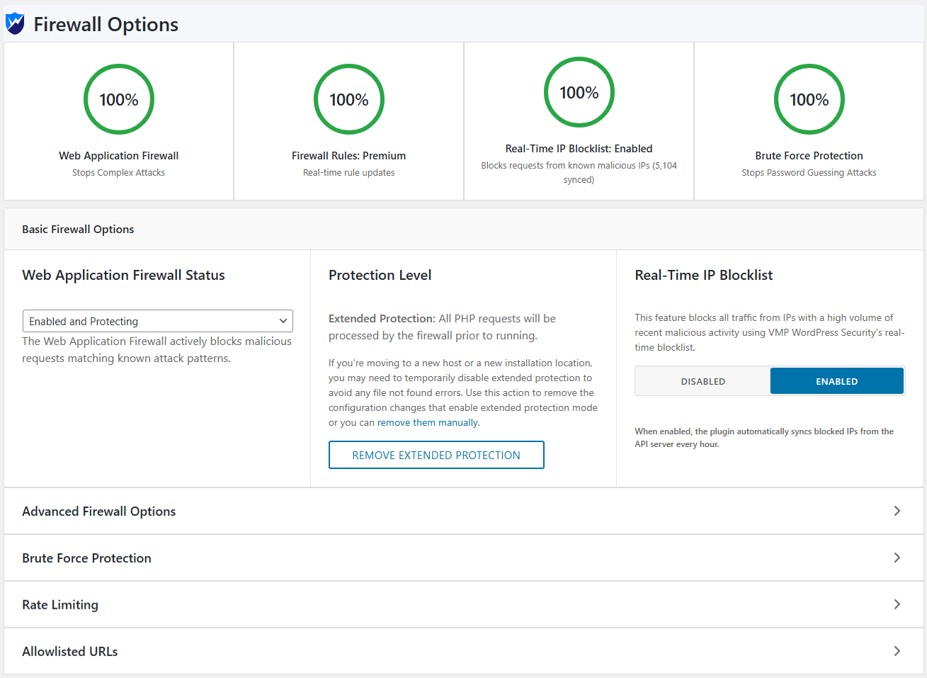 **Firewall Configuration** - Comprehensive settings for WAF, brute force, and rate limiting