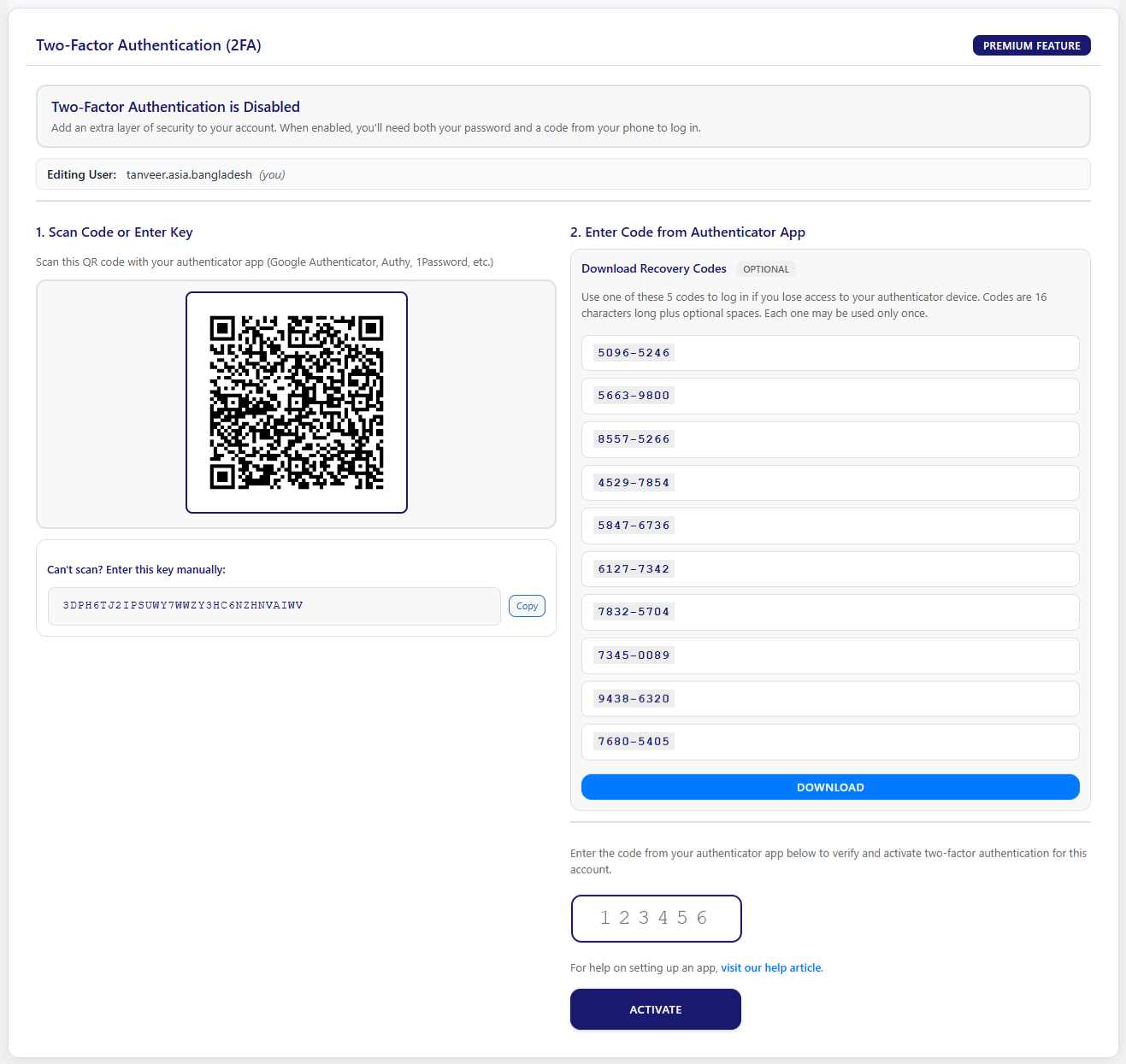 **2FA Setup Screen** - QR code setup for two-factor authentication