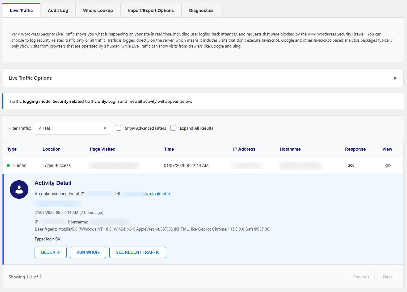 **Live Traffic Monitor** - Real-time traffic view with human vs bot classification