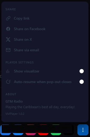 The kebab menu open showing Share, Switch Quality, Player Settings, and About sections.