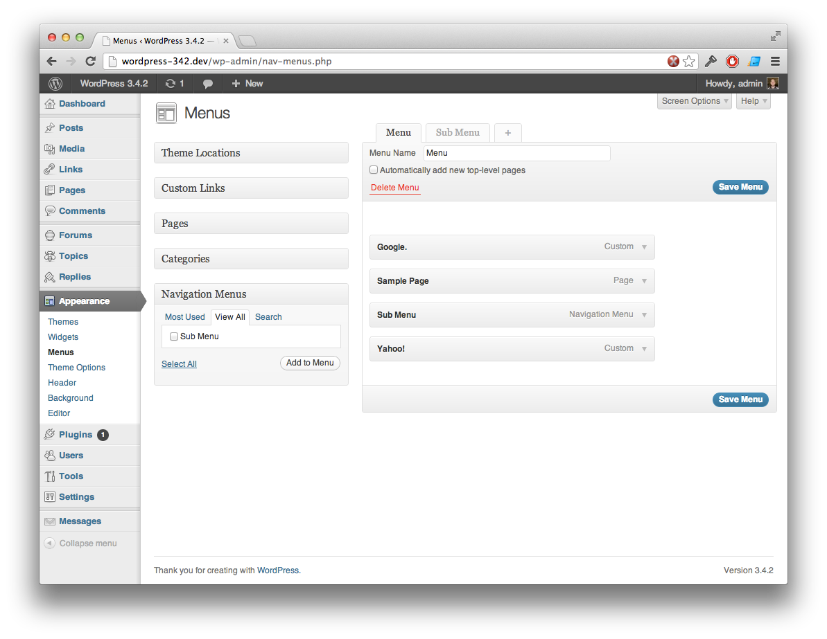Menus admin screen showing "Navigation Menus" metabox and a menu containing another menu as an item.
