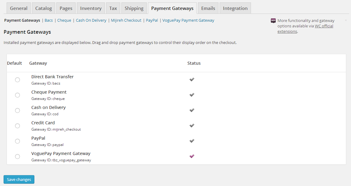 WooCommerce payment gateway setting page