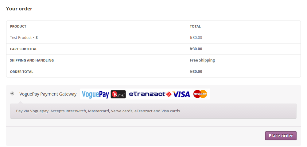 Voguepay Wooocommerce Payment Gateway method on the checkout page