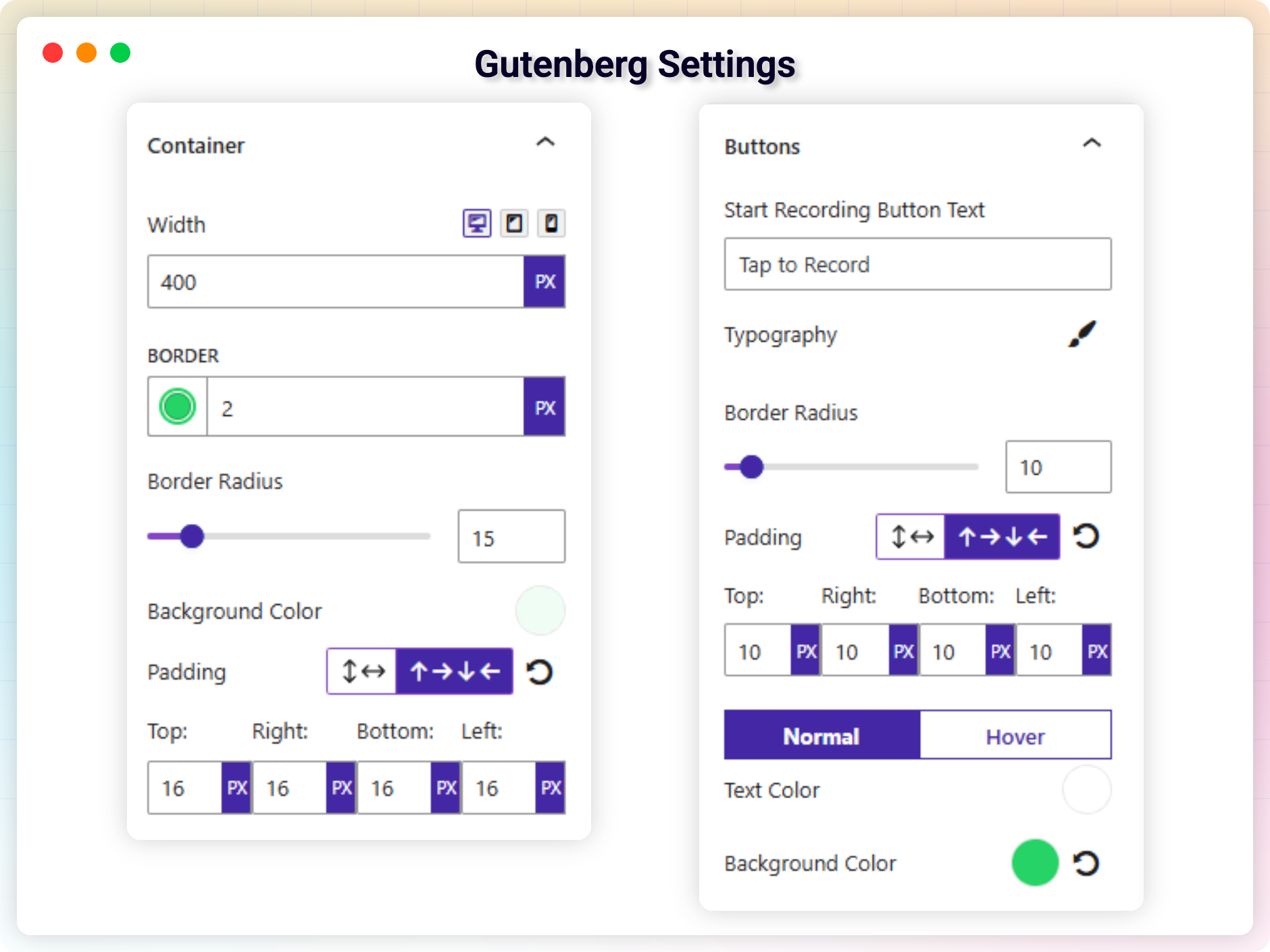 Block editor showing Voice Feedback block