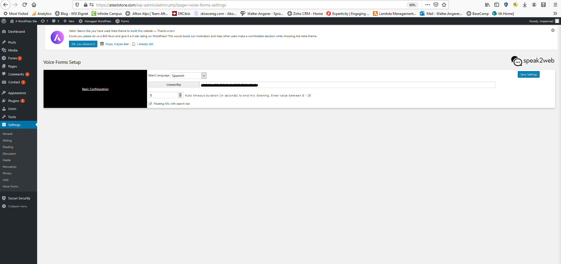 Voice Forms plugin wordpress settings page