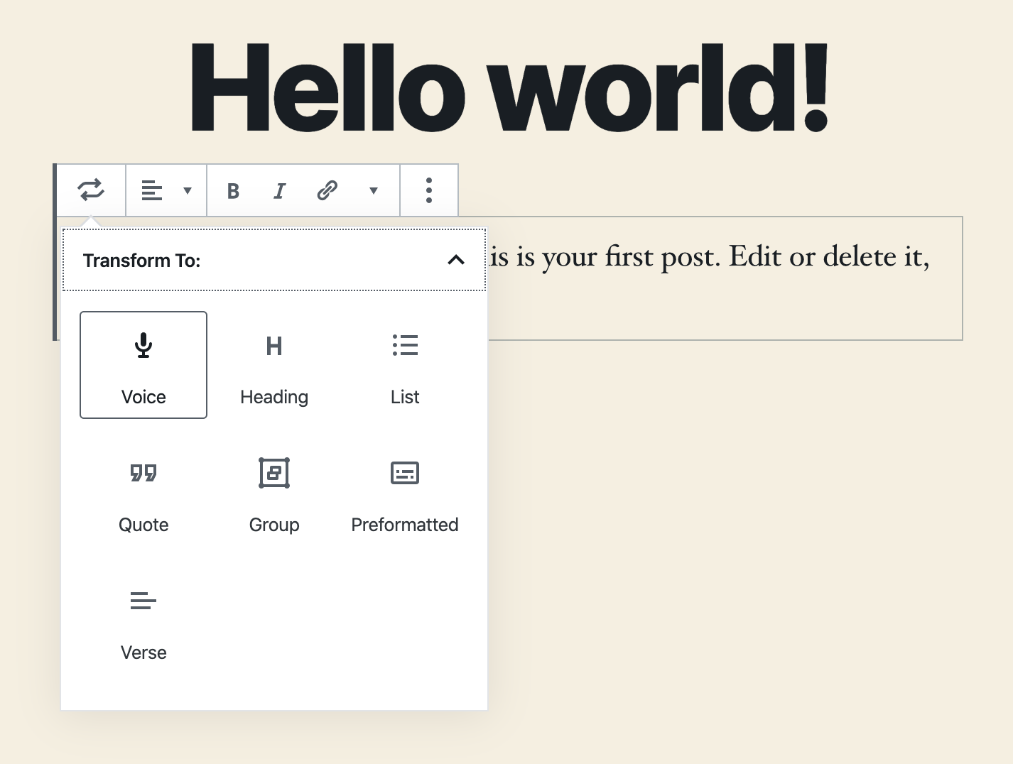 Transforming an existing Quote block into a Voice block