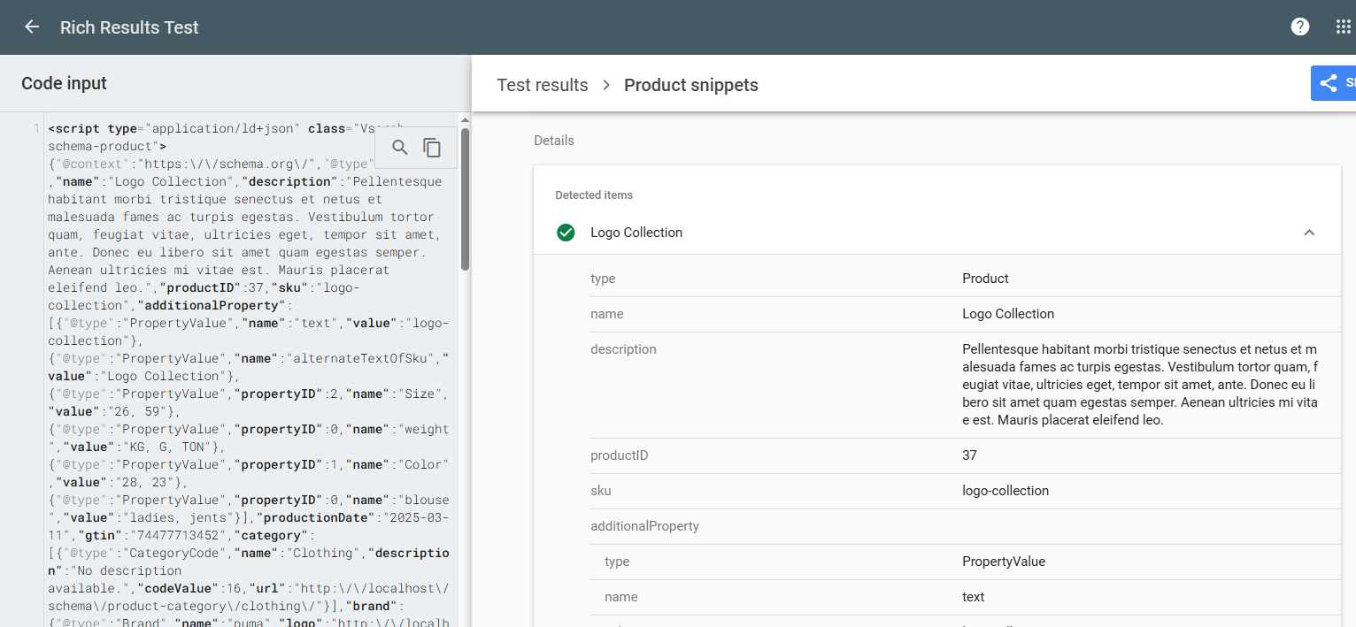 Example of structured data output in Google’s Rich Results Test.