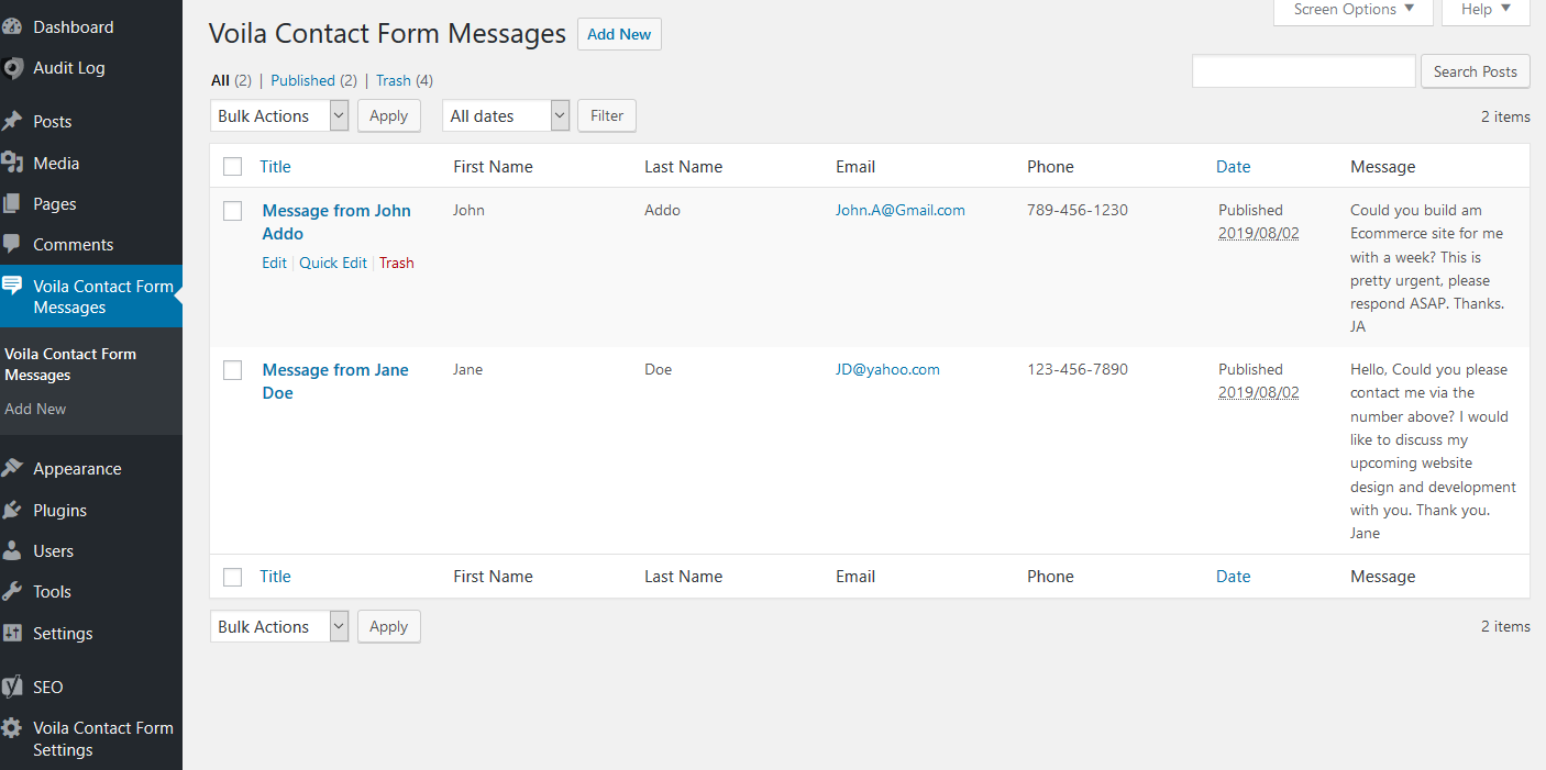 Screenshot shows the Voila Contact Form messages page where saved messages are viewable.