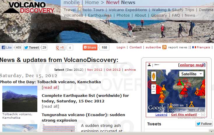 Widget in right sidebar showing map of erupting volcanoes and recent earthquakes