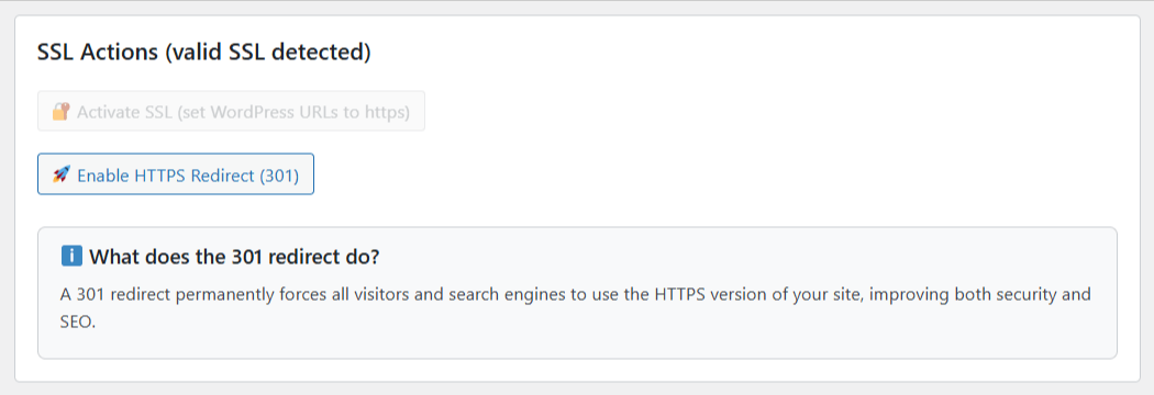One-click SSL activation and HTTPS redirect (301)