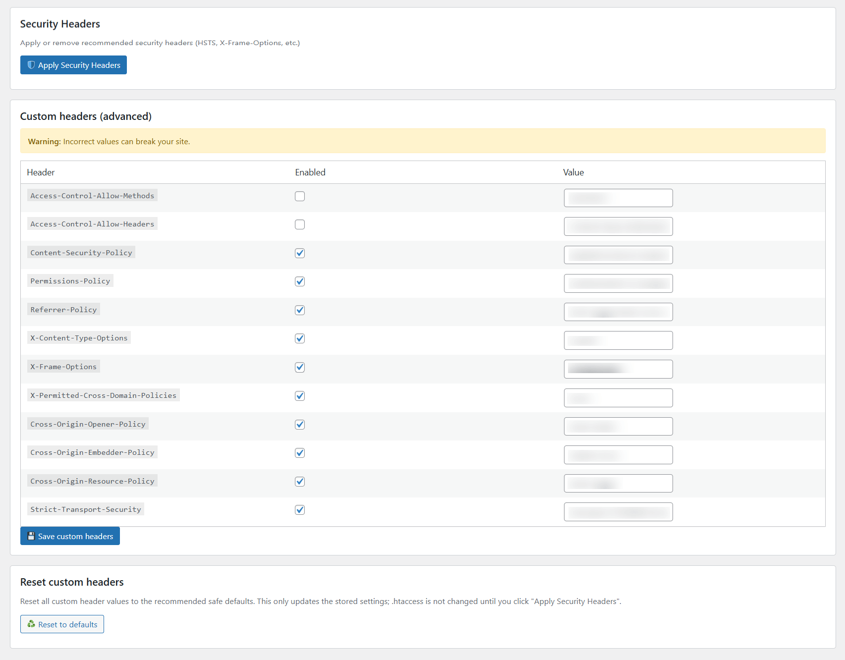 Security headers panel with custom header configuration