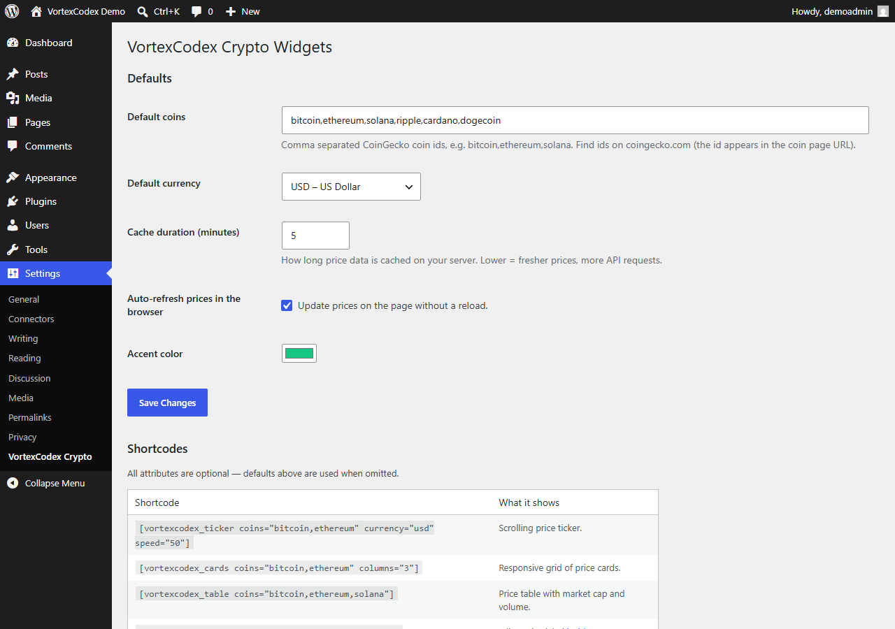 Settings page.