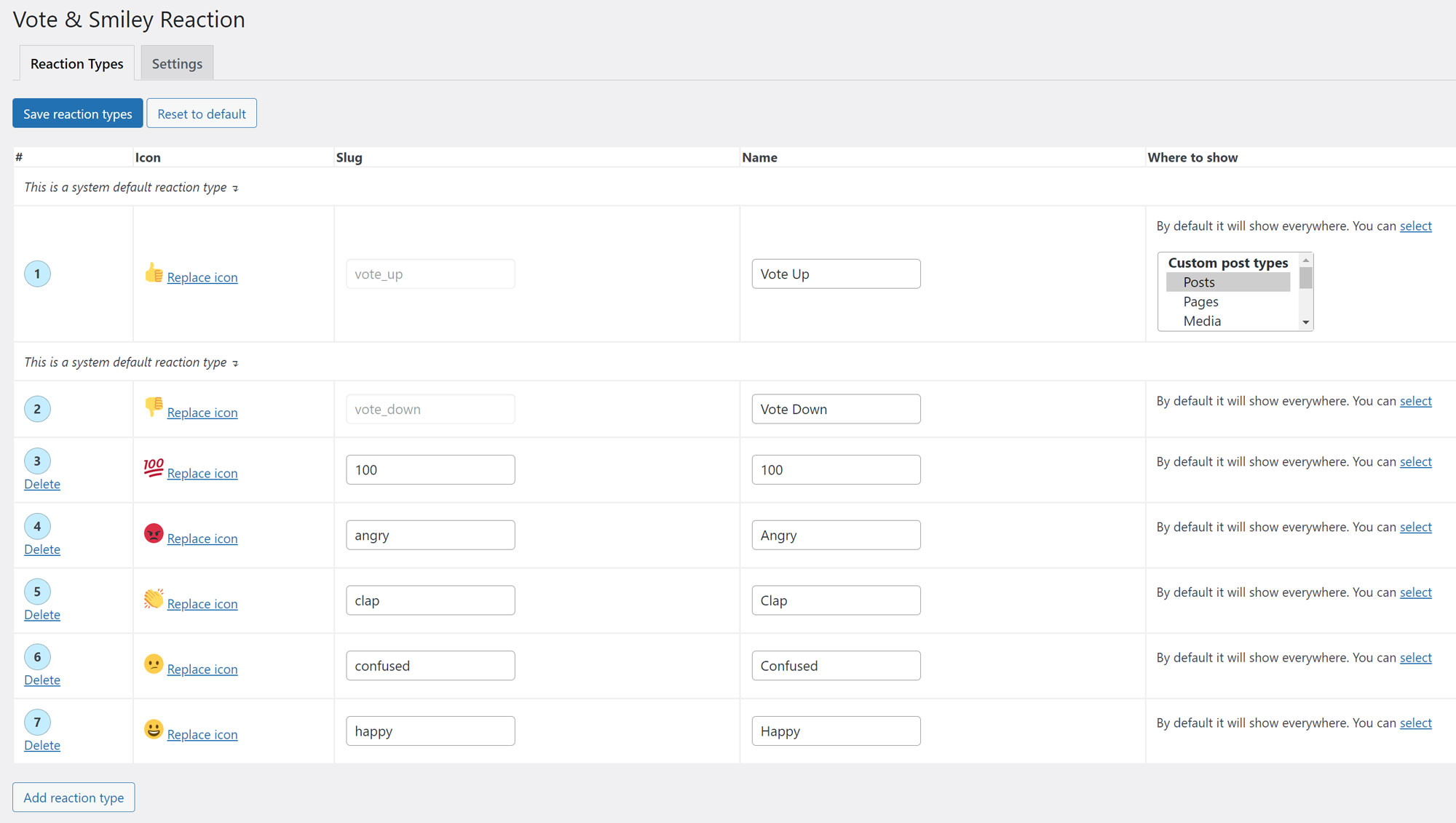 Admin settings page to customize reaction types.