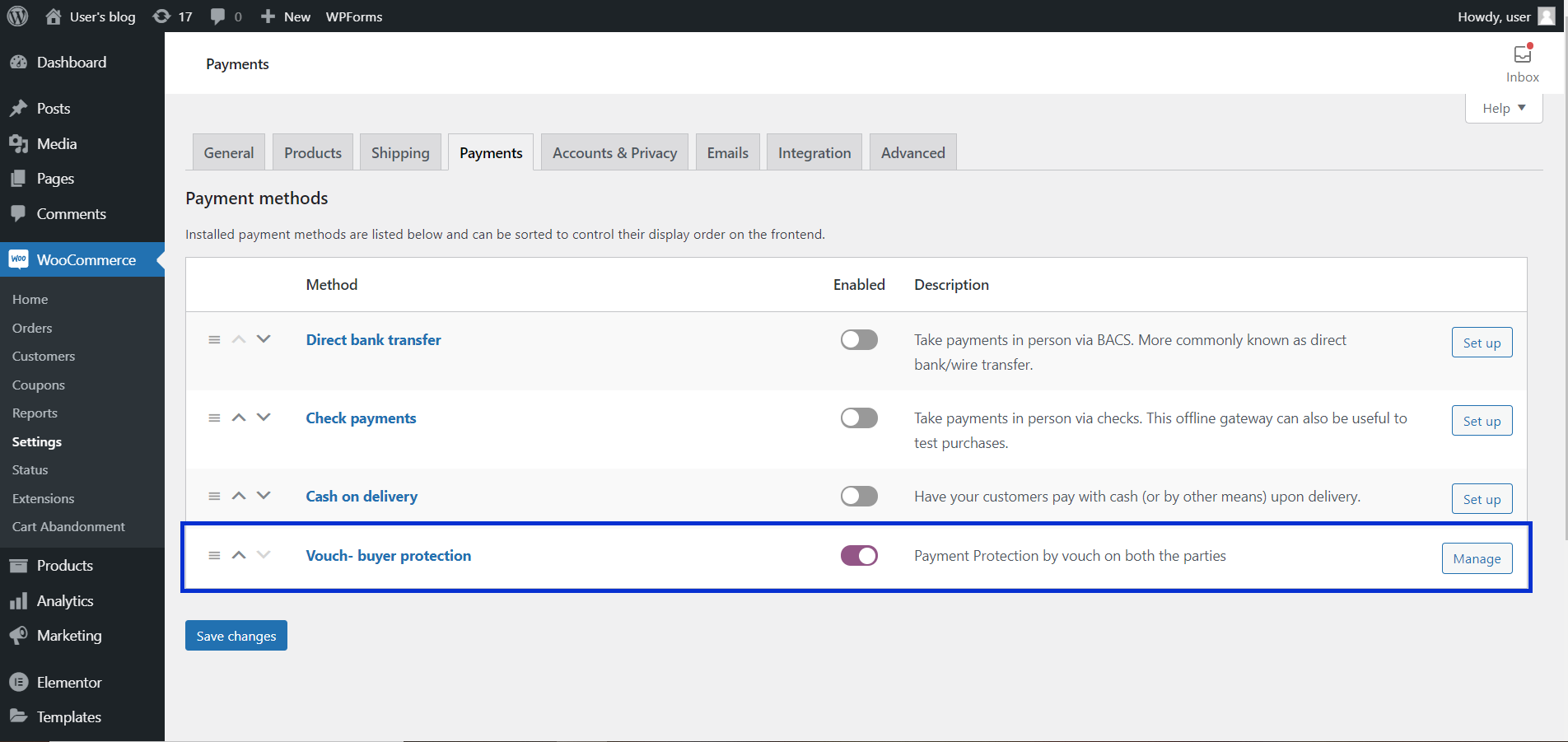 Enable "Vouch - buyer protection" on the Payment methods tab in WooCommerce.