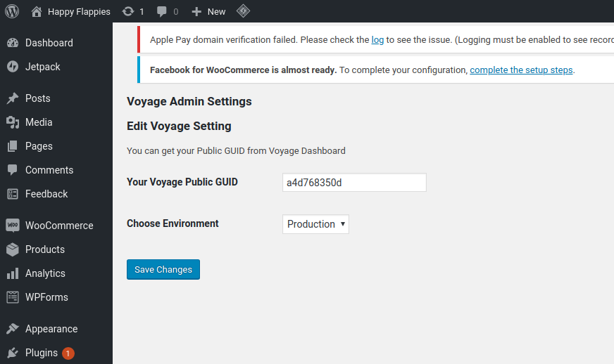 This screenshot shows the Voyage Settings page of the VoyageSMS WordPress Plugin with example values.