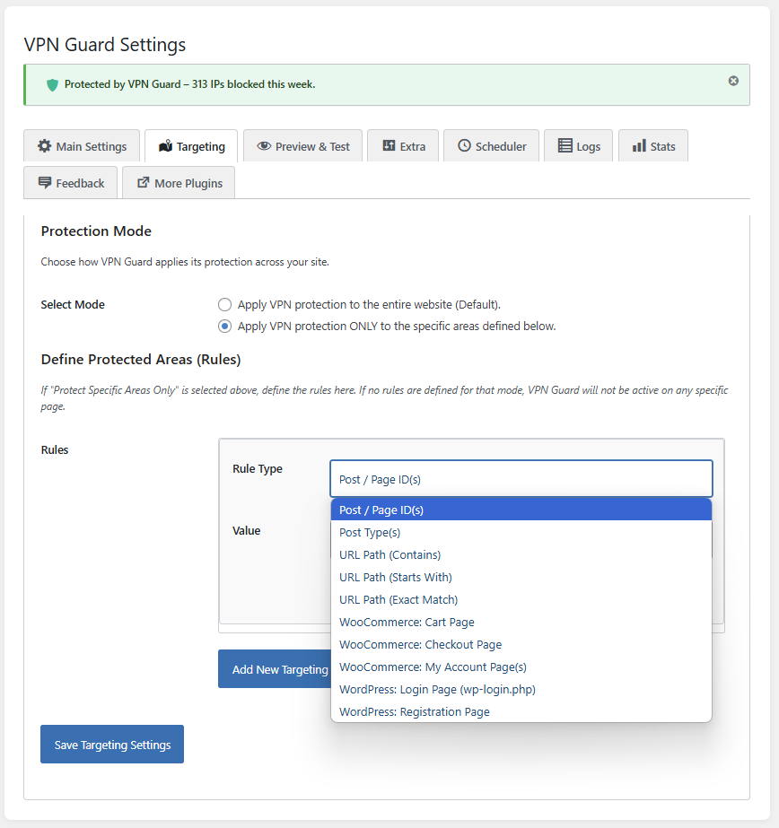 **Targeting Rules:** Define precisely where VPN protection applies – entire site or specific areas using various rule types.