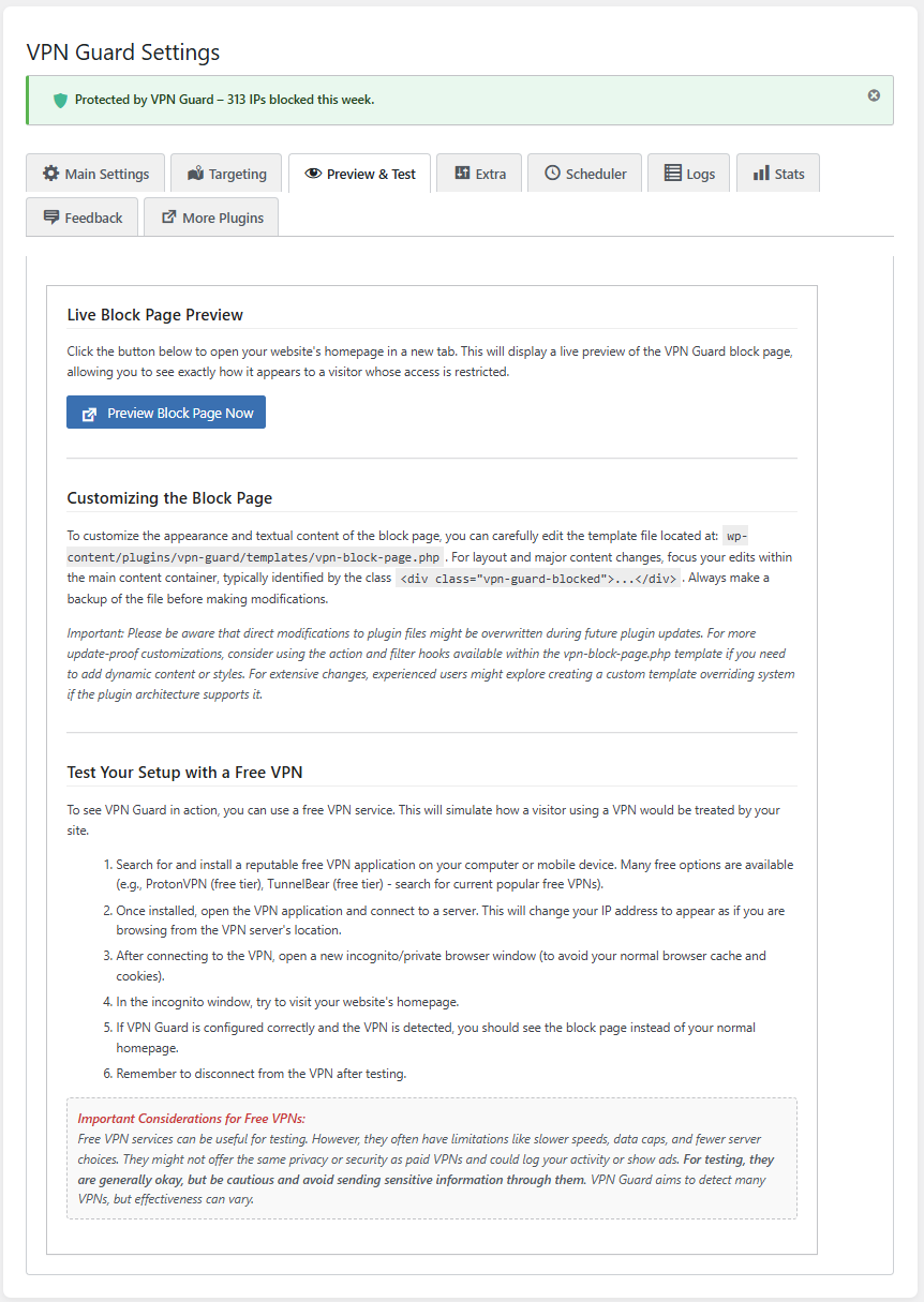 **Preview & Test Tab:** Live preview your block page and find guidance for testing your VPN Guard setup.